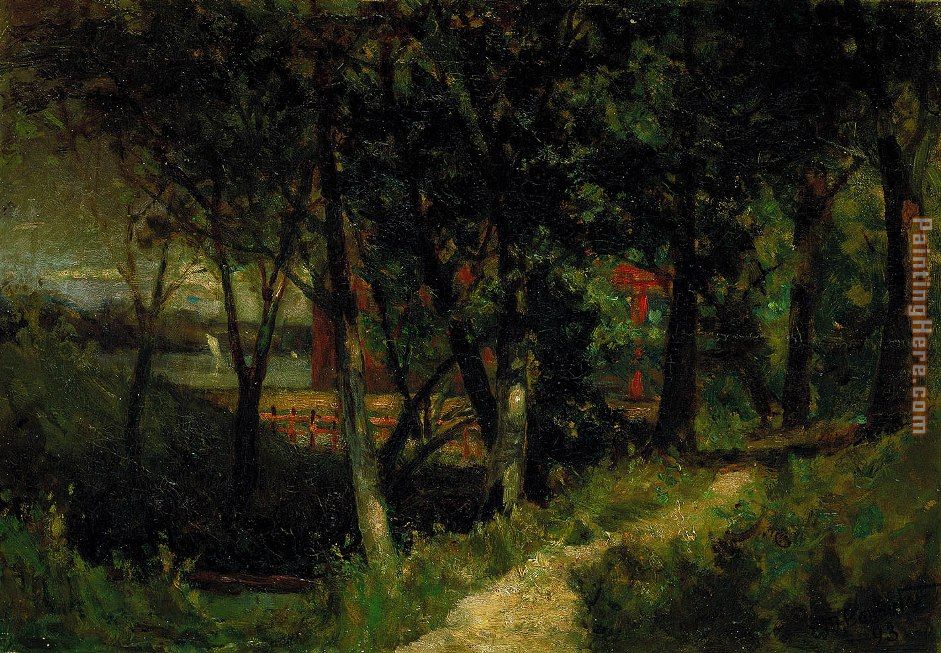 Edward Mitchell Bannister landscape, forest scene with red fence and building